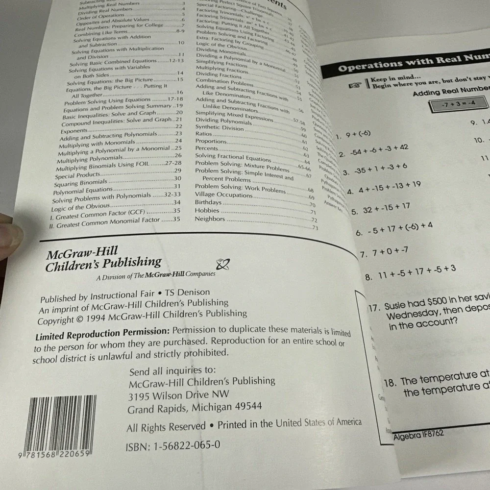 Algebra Math By McGraw Hill The 100+ Series Unused